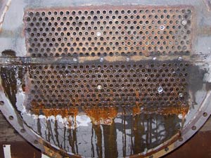 Heat exchanger pitting damage clearly visible after grit blasting Heat exchanger pitting damage clearly visible after grit blasting
